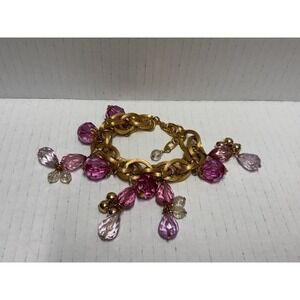 Bracelet Gold Tone Dangling Pink‎ Lilac Plastic Beads Charms Festive look